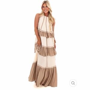 Indigo Blue Elegant Cream and Tan Maxi Dress w Embroidering Size Medium